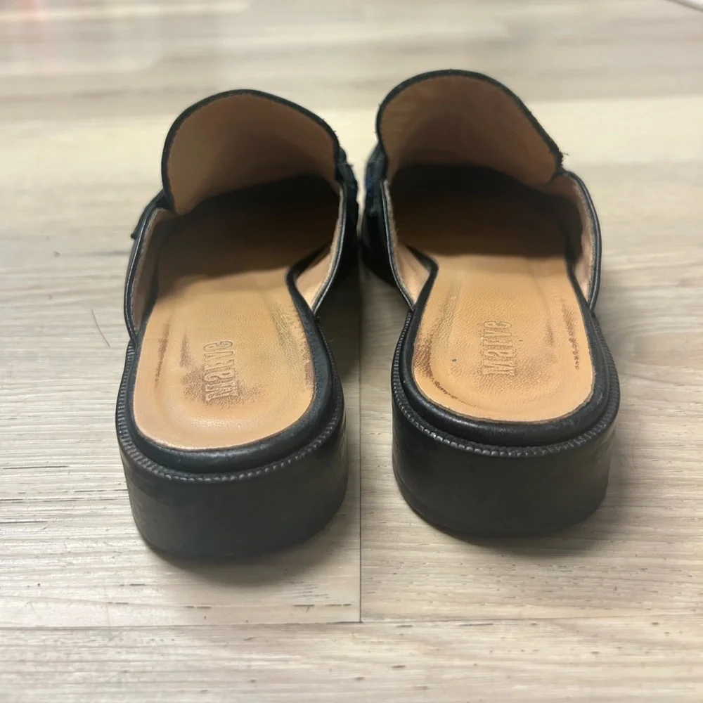 Anthropologie Maeve Shoes Loafers Black Leather Flats Gold Chain Women 37 US 6.5